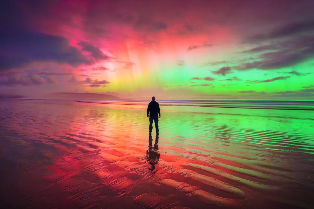 self portrait on a reflective beach in Southern Tasmania