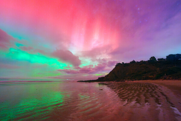 aurora australis reflected on a Tasmania