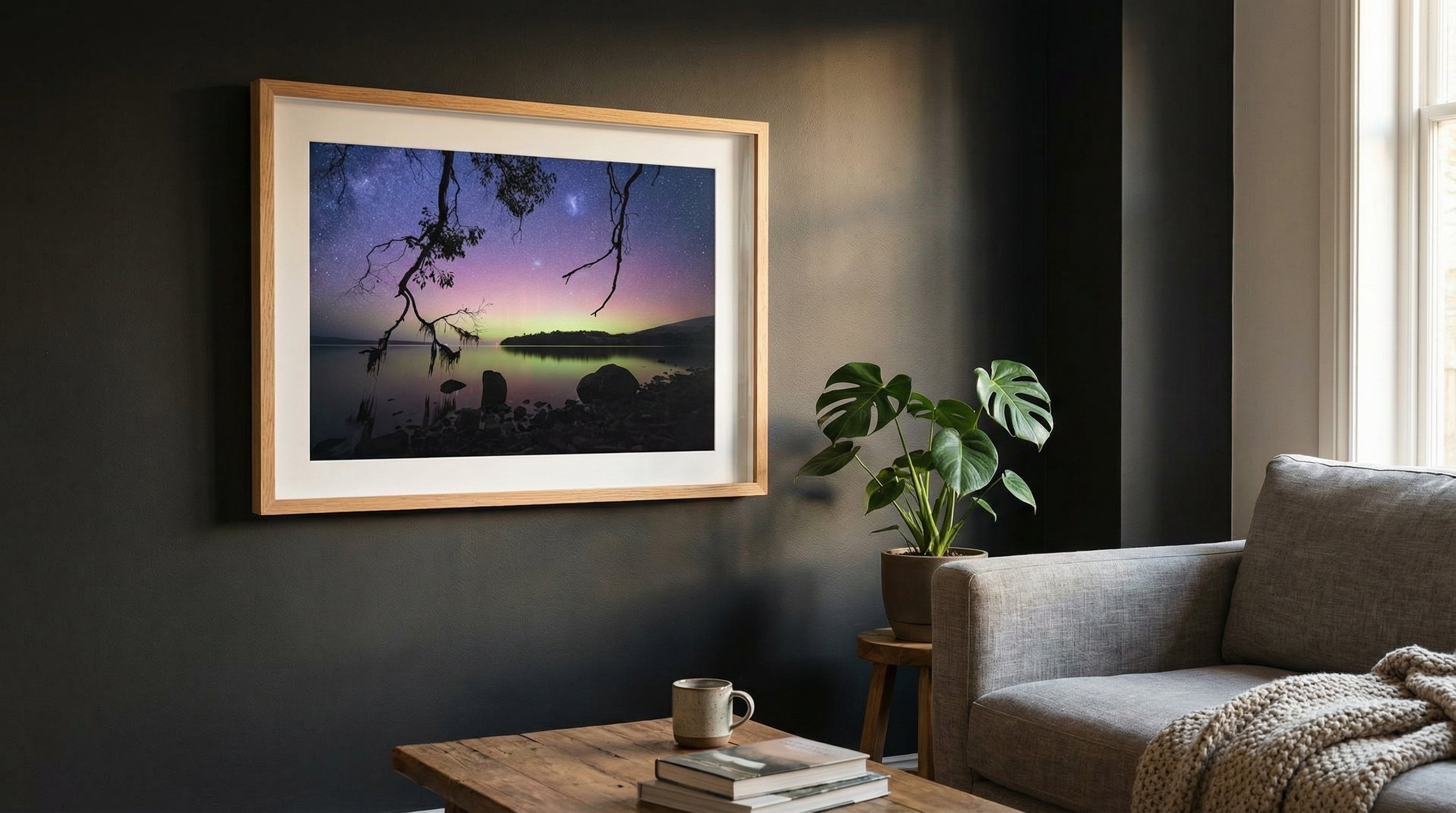 Framed fine art print displayed in a living room setting