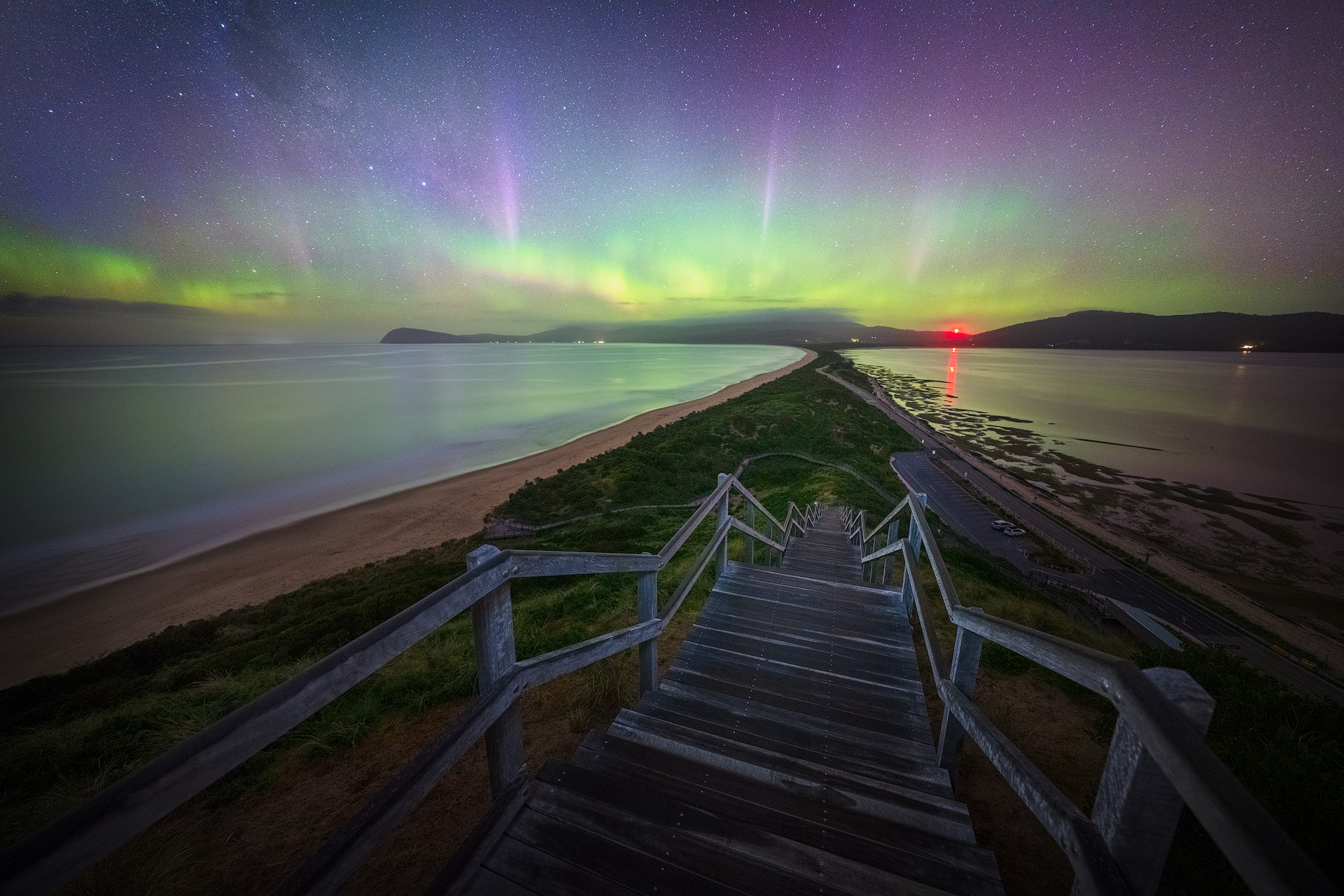 Aurora and Milky Way over The Neck, Bruny Island, Tasmania